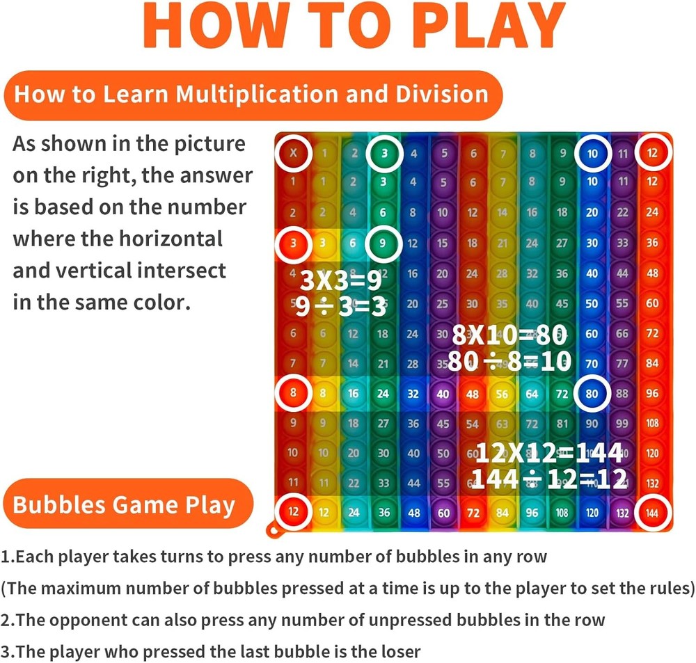 12x12 Multiplication Pop Game & Math Chart | Interactive Learning Toy for Kids |