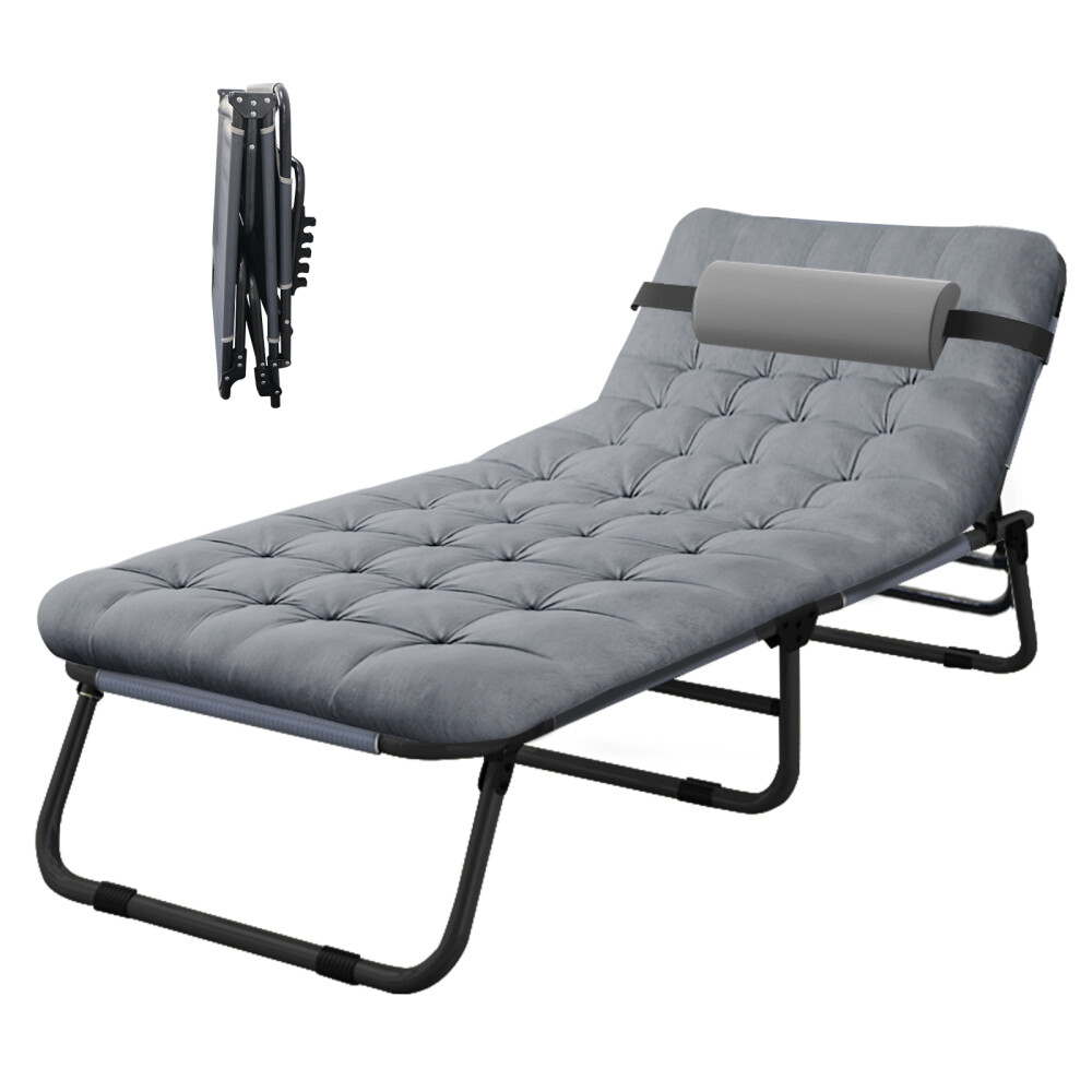 Slsy Folding Camping Cot 4-Position Outdoor Chaise Lounge Gray Pad Side Pockage
