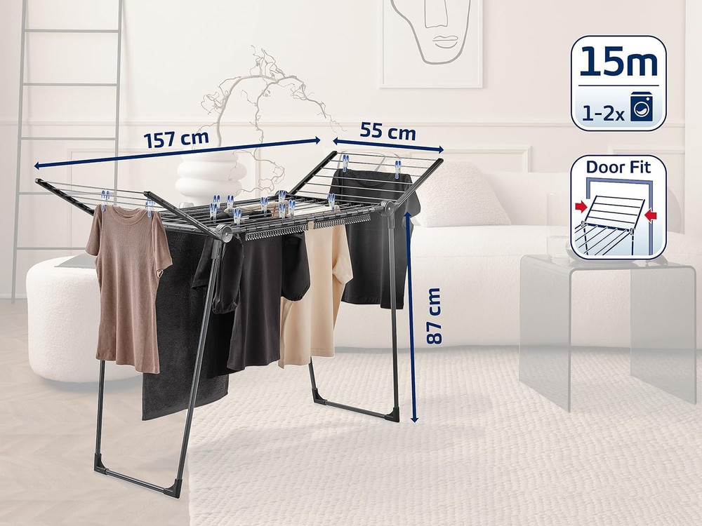 Pegasus 150 Black Clothes Drying Rack – 49 Ft Space, Foldable & Sturdy Design