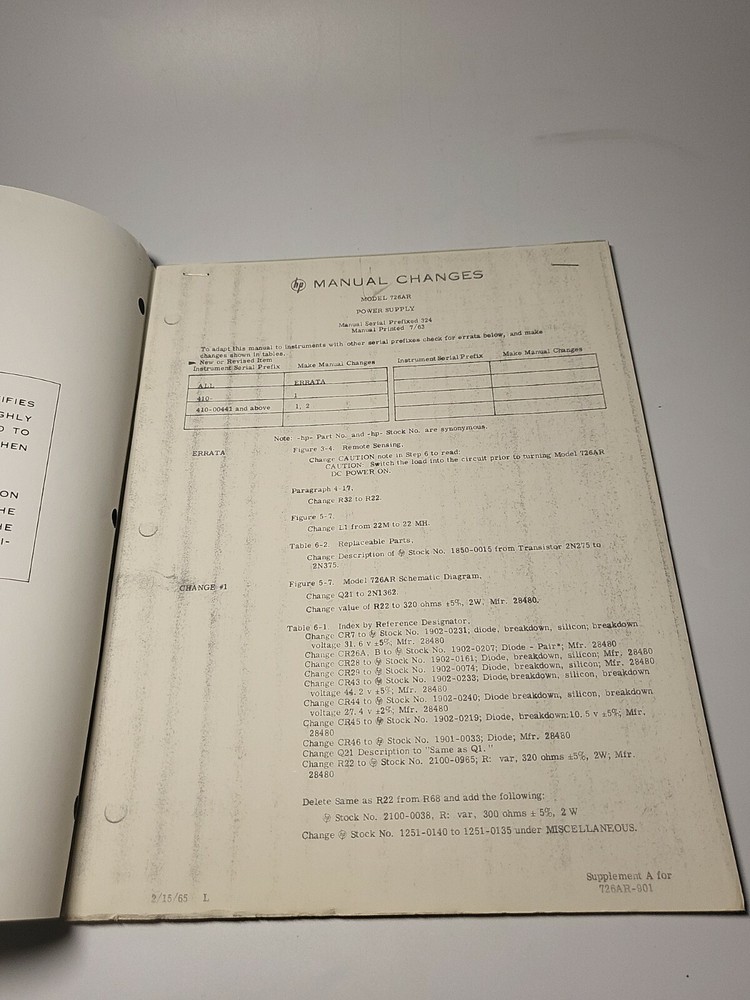 HP 726AR ~ Power Supply Operating & Service Manual