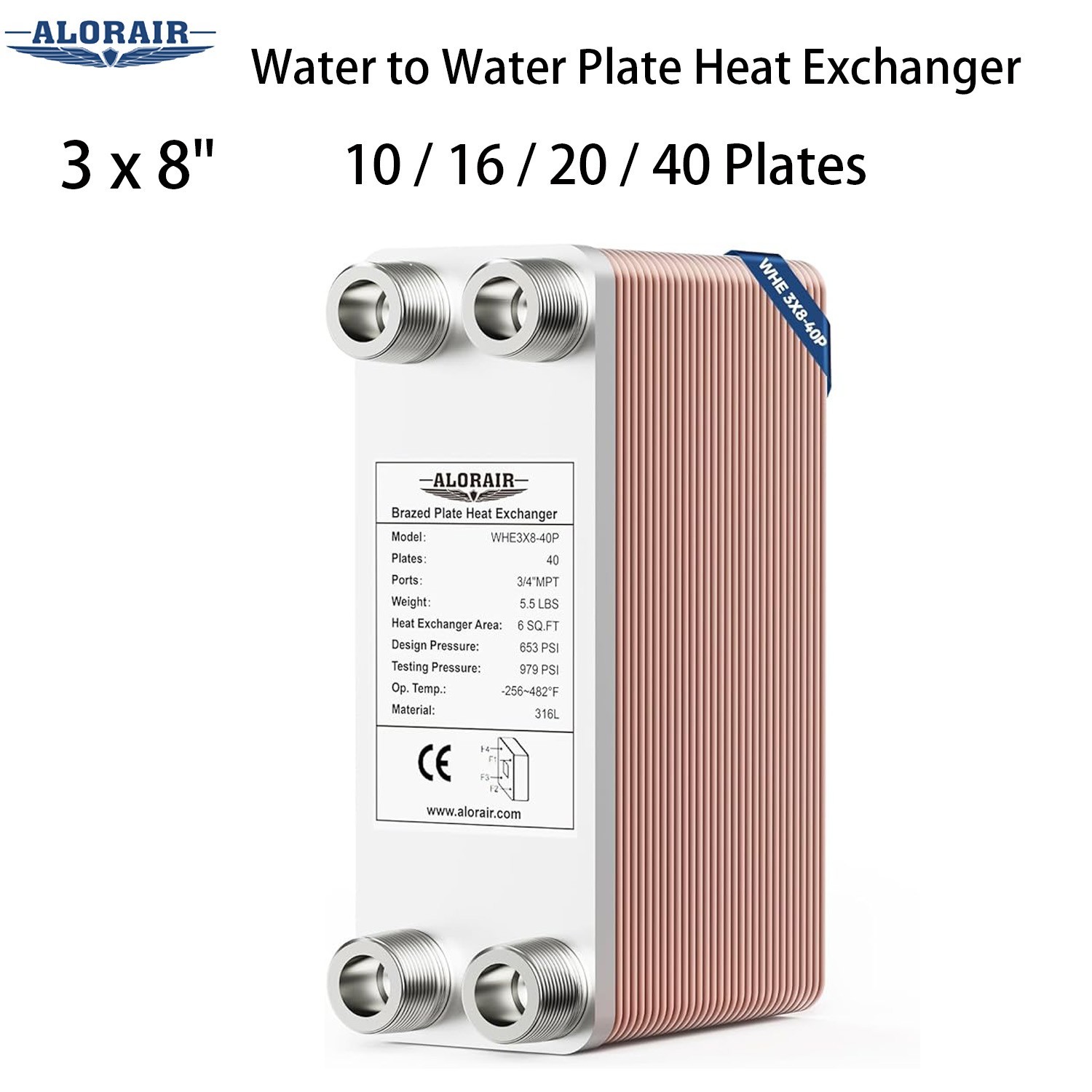 ALORAIR 3"x8" 10/16/20/40 Plates Heat Exchanger Stainless Steel w/ 3/4" MPT Port