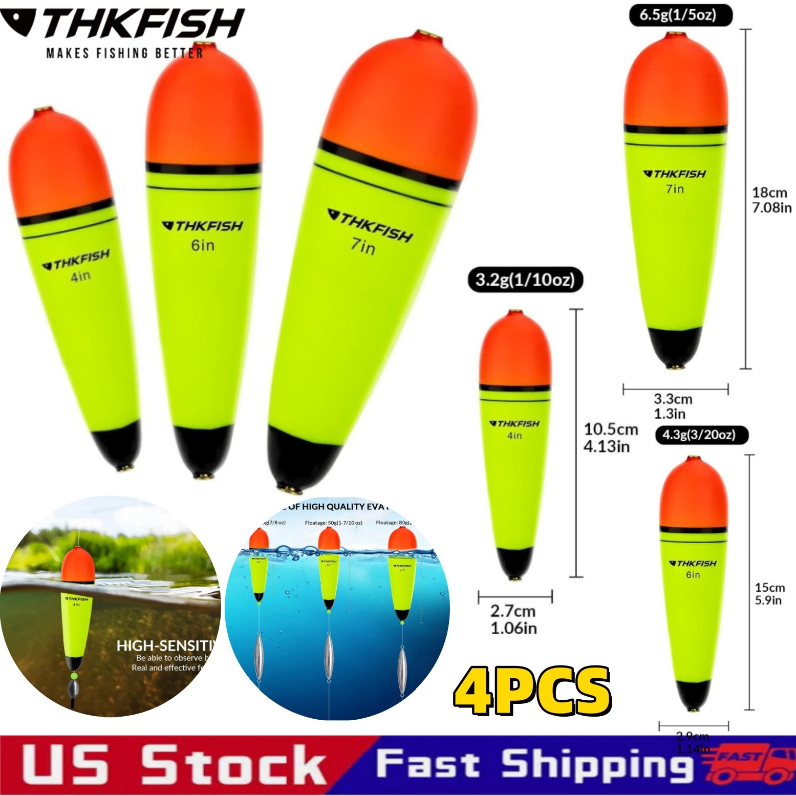 4pcs 4", 6", 7" Slip Bobbers Floats EVA-Slider-Bobbers Slip Corks for Sea Fish