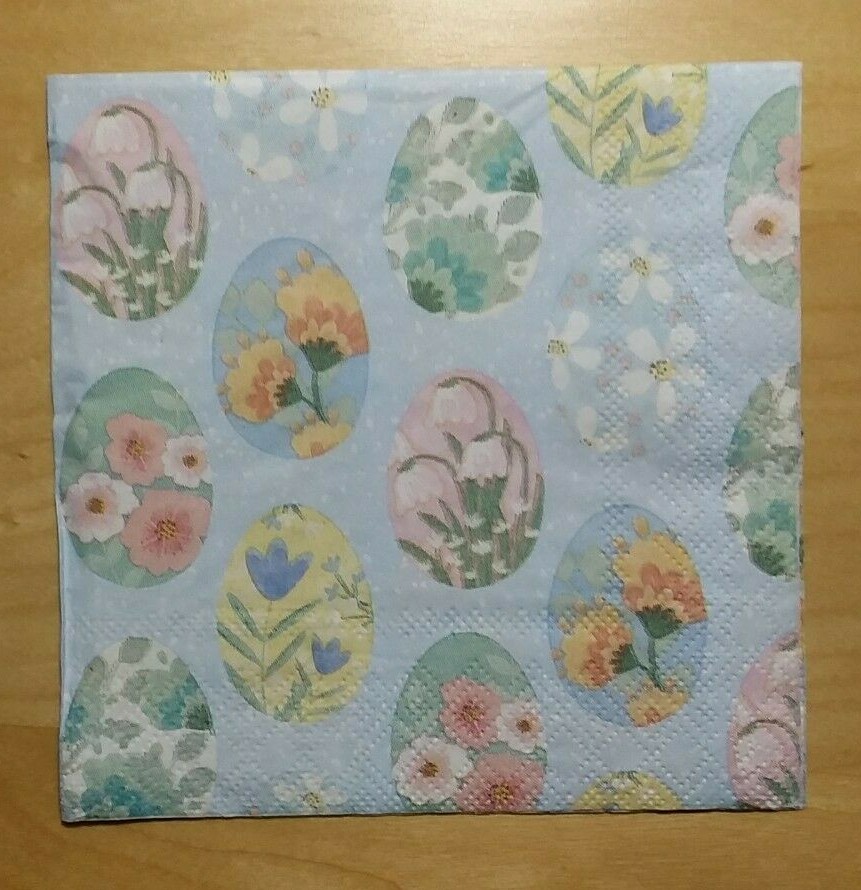 2 Pretty Paper Napkins, Light Blue w/ Easter Festive Eggs 