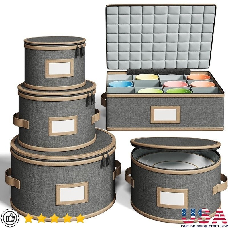 5 Piece Hard Shell China Storage Set Stackable Dish Organizer Padded Protection