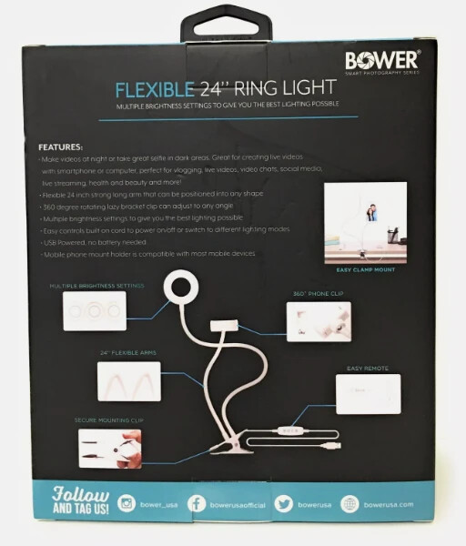 Bower 24-Inch Flexible LED Ring Light Desk clip - Multiple Brightness Settings