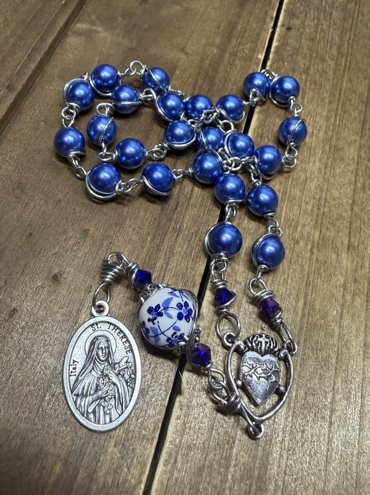St. Therese Chaplet, Blue Beads Catholic Chaplet - Handmade
