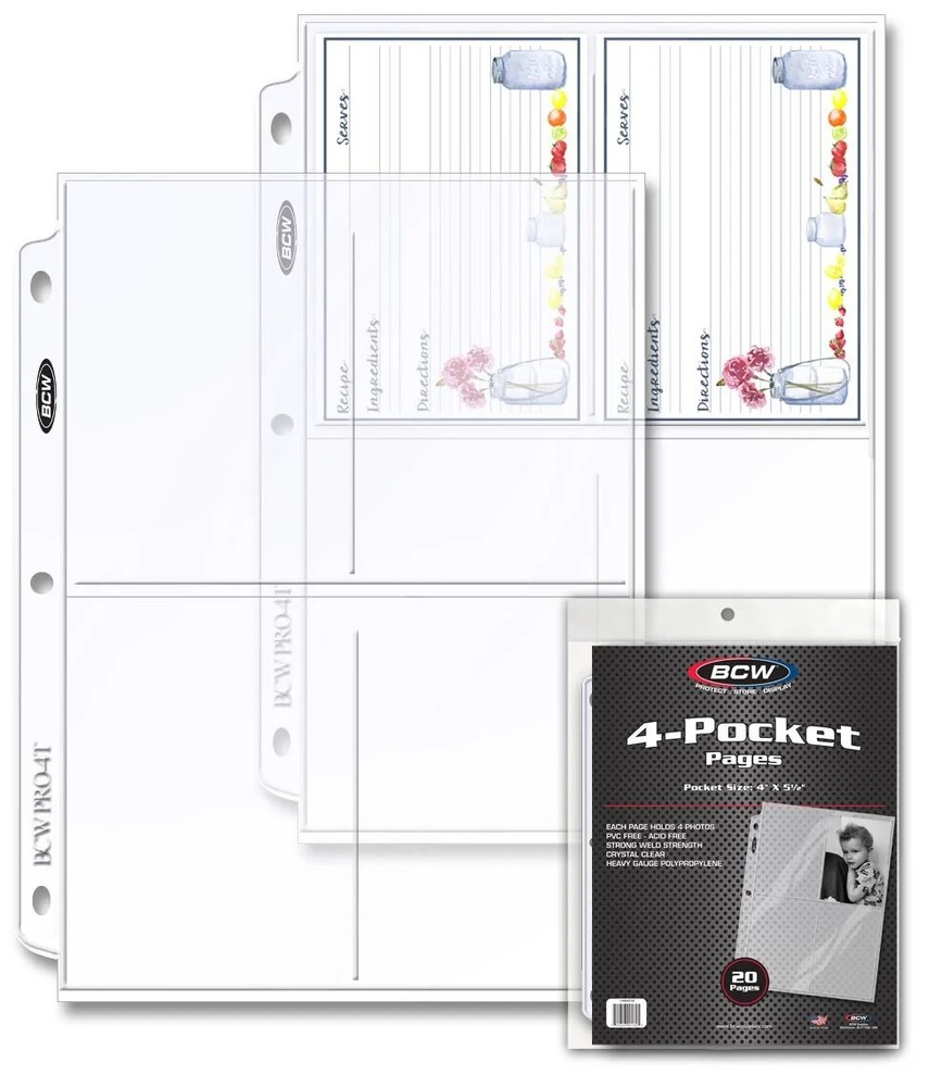 (20) BCW Pro 4-Pocket Crystal Clear Photo Protective Page Holds 4x5-1/2"