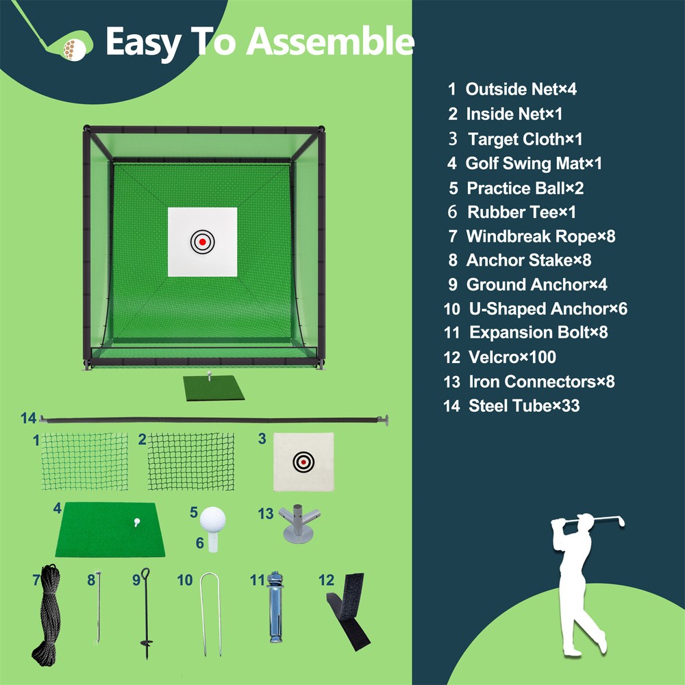 10FTX10FT Golf Practice Net Cage Metal Frame Hitting Net Kit Training Simulators