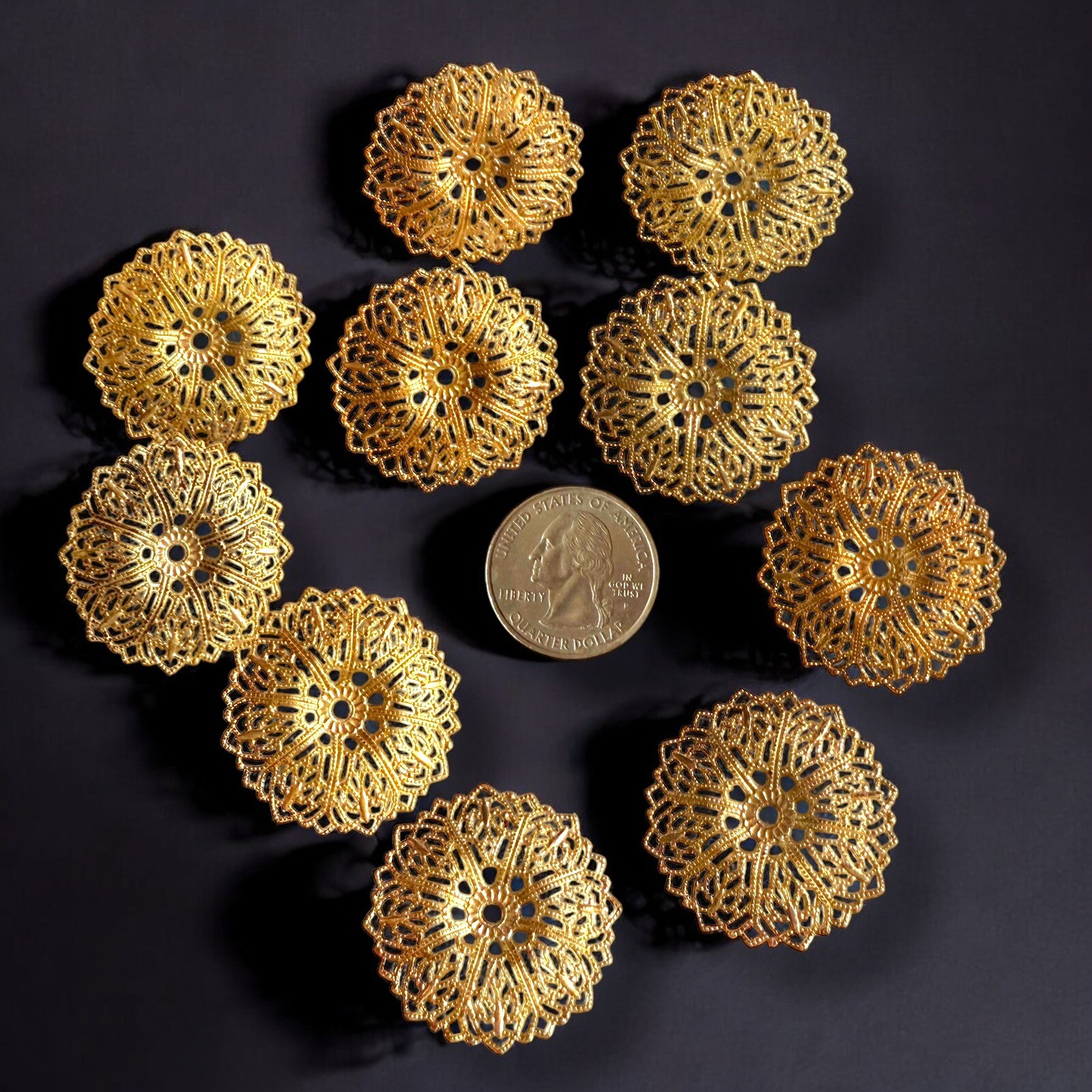 Brass Filigree Floral Stampings Vintage Lot of 10 32mm Jewelry Making Antique