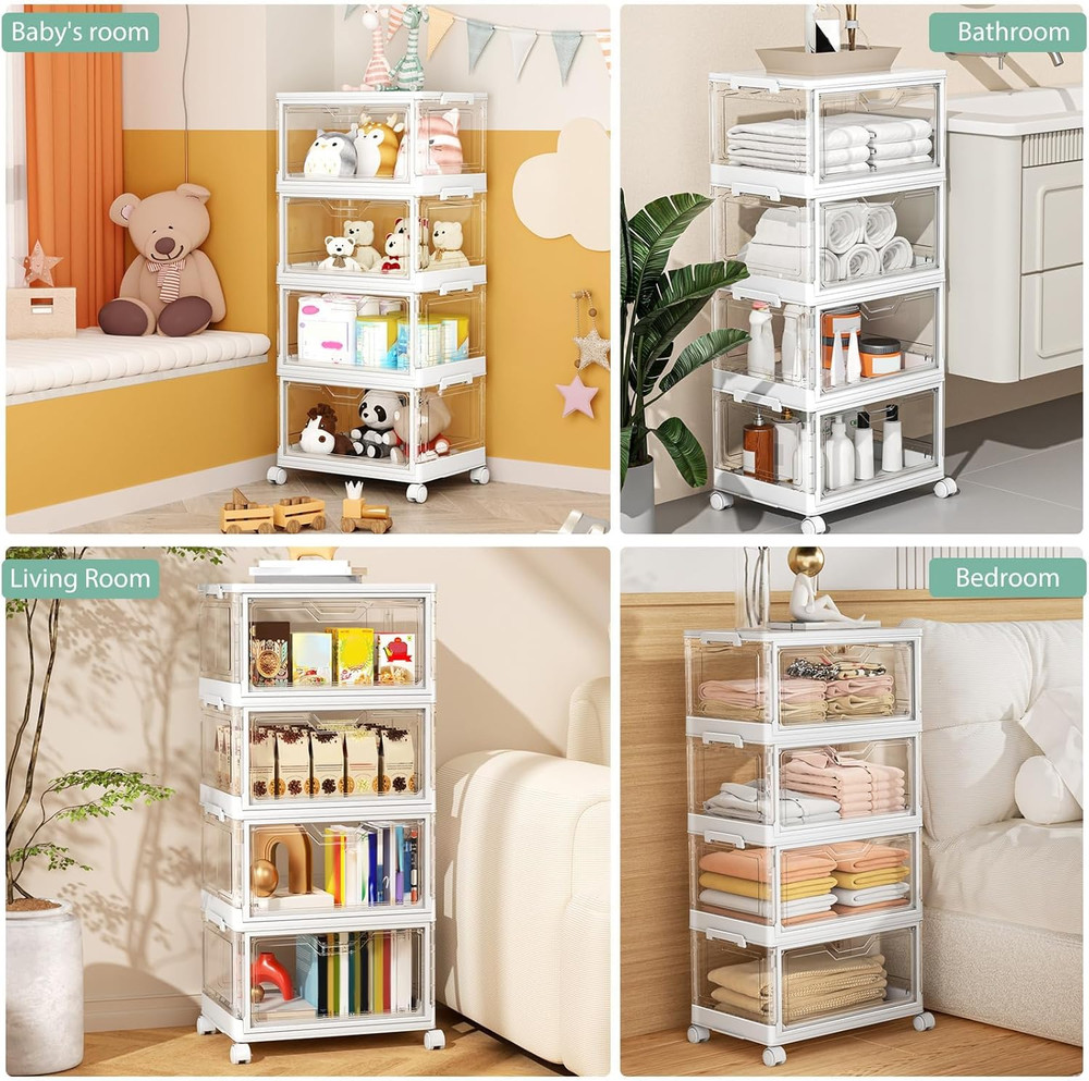Clear Storage Bins with Lids - 4 Tier Plastic Bins with Wheels, Stackable Storag