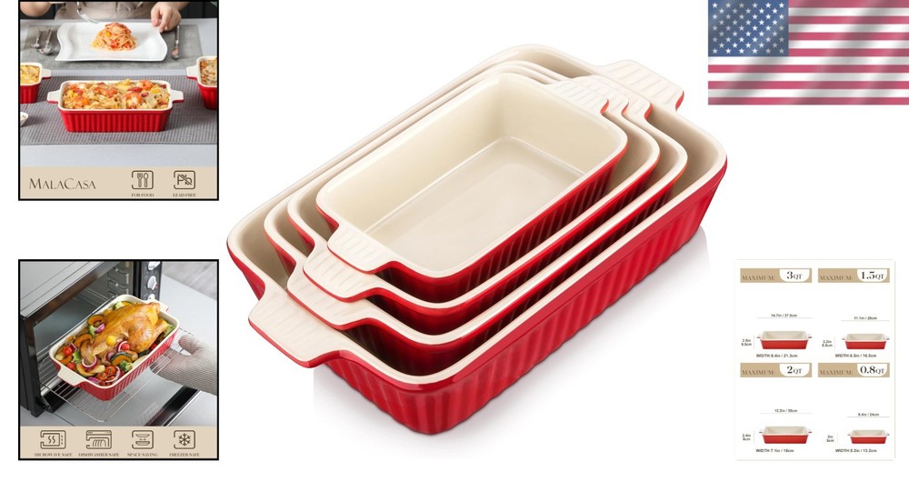 Rectangular Baking Pans Set for Casseroles, 4 Sizes, Red