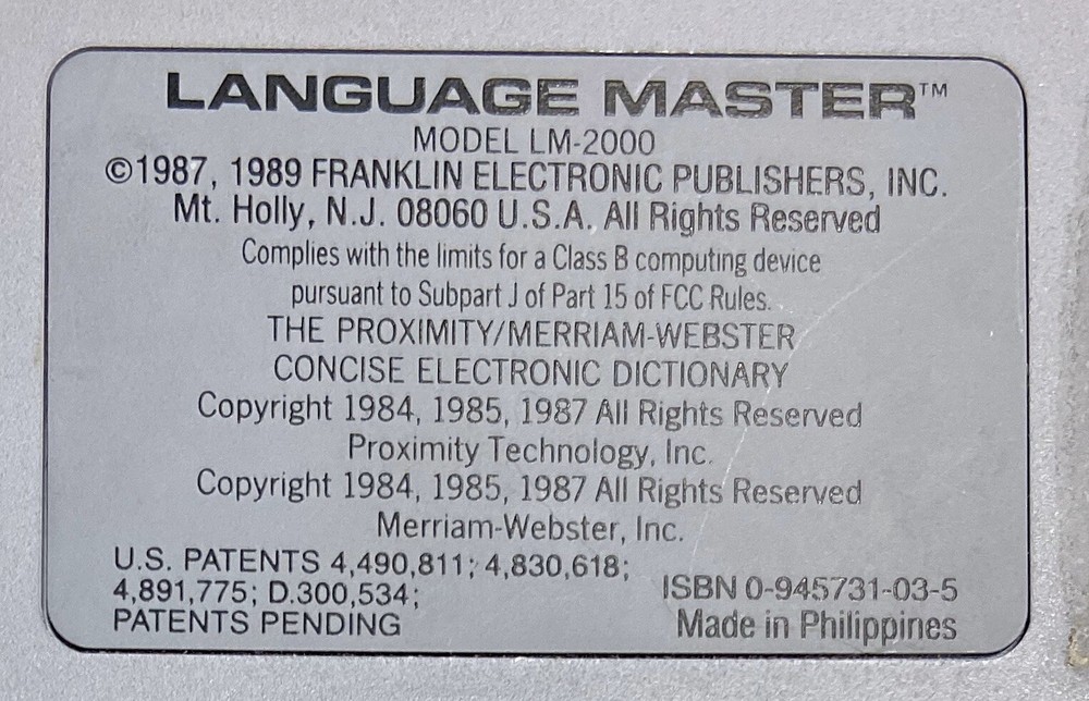 Franklin Computer Language Master Electronic Dictionary and Thesaurus LM-2000