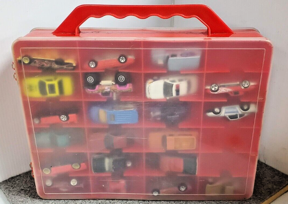 45 Hot Wheels/Hasbro/Misc vehicles in Plastic Red storage case.