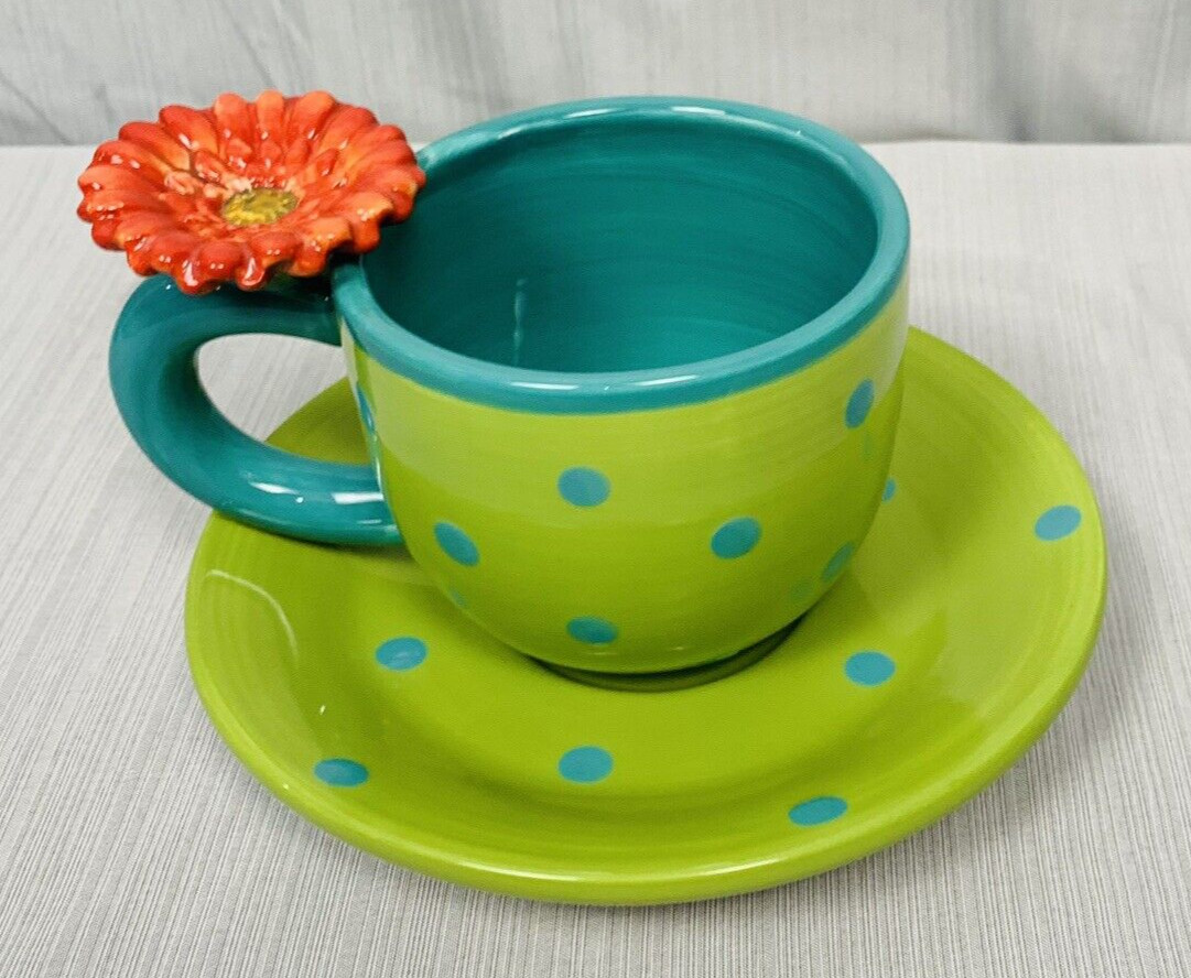 burton+Burton Ceramic Tea Cup & Saucer Polka Dot Flower on Handle Colorful