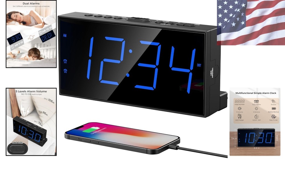 Modern Dual Alarm Clock with Extra Large Numbers & USB Charging for Easy Setup