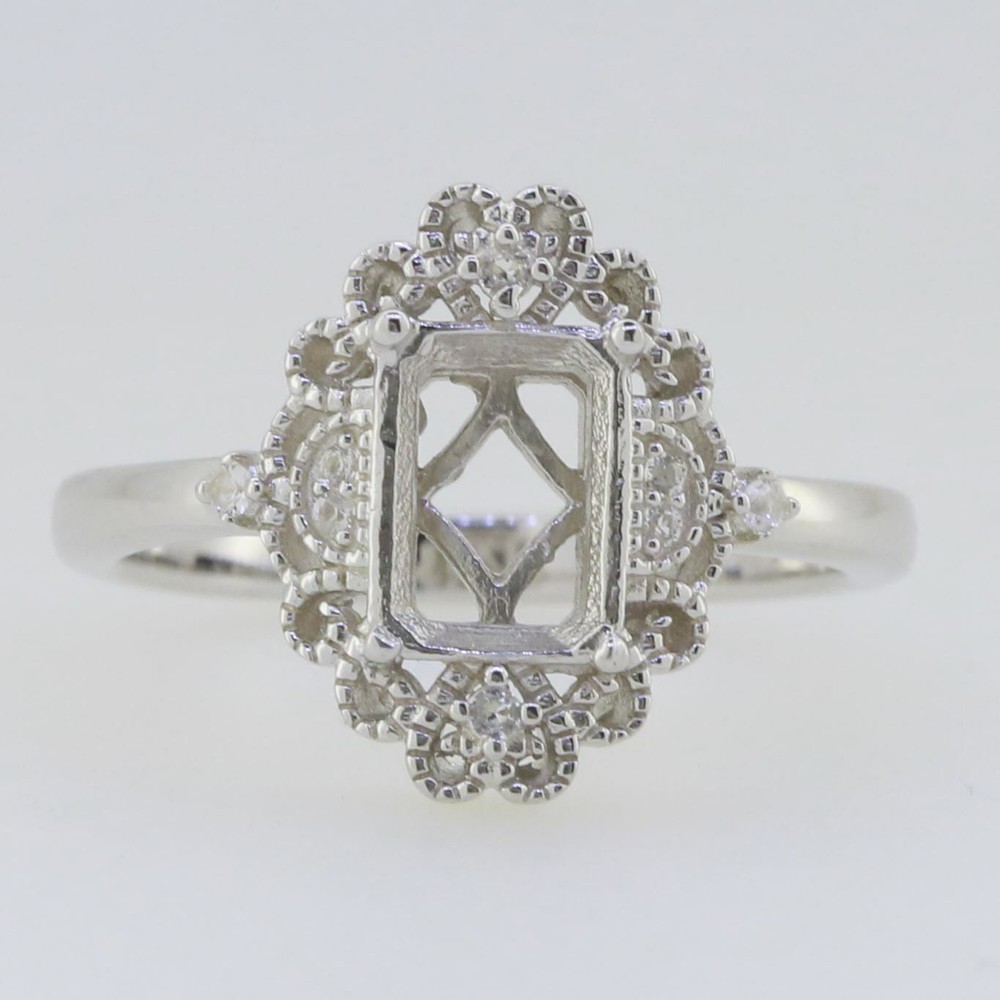 Sterling Silver Semi Mount Ring Setting Emerald OCT 8X6mm White Topaz