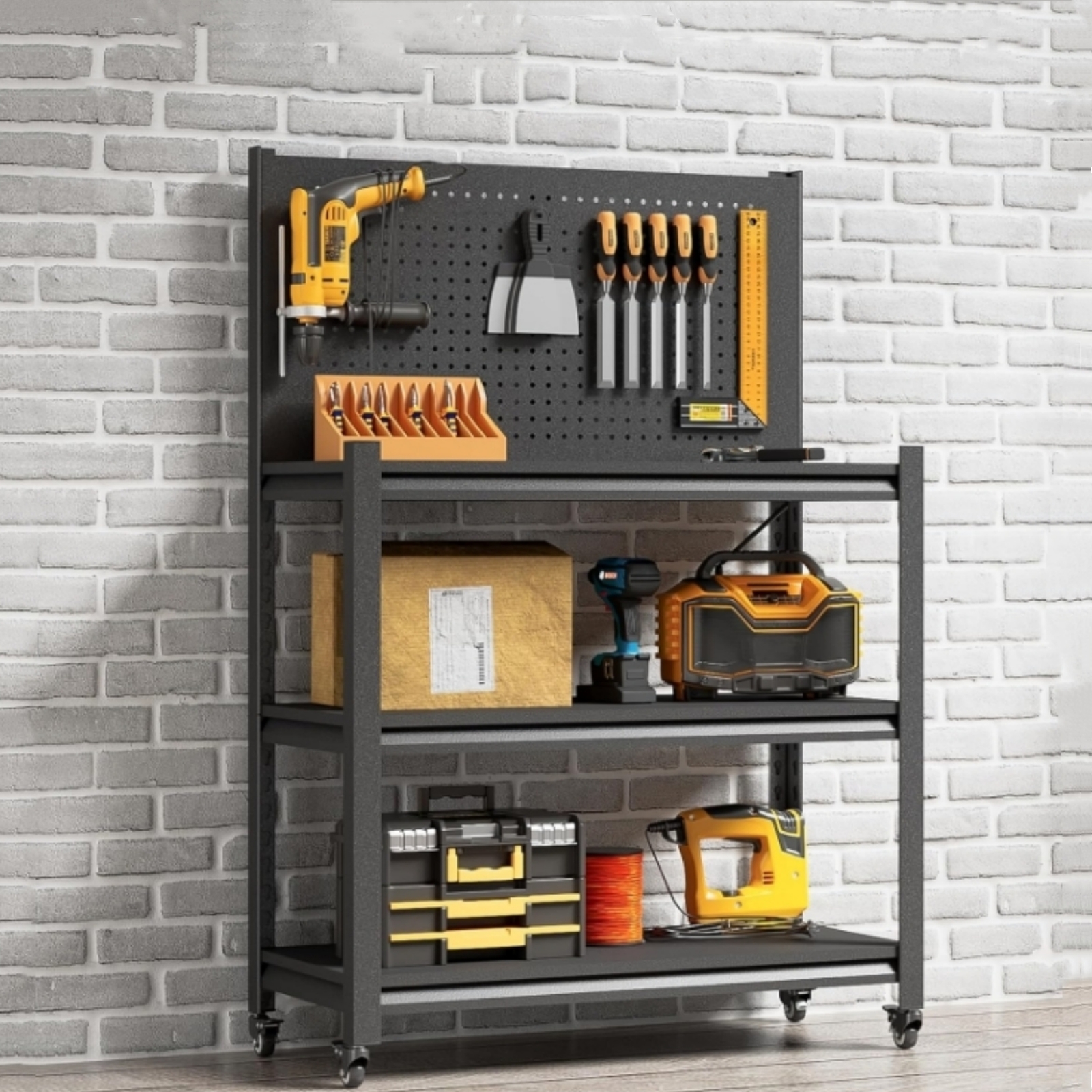 Metal Adjustable Workbench w/ Pegboard Rolling Garage Tool Storage Shelving Rack