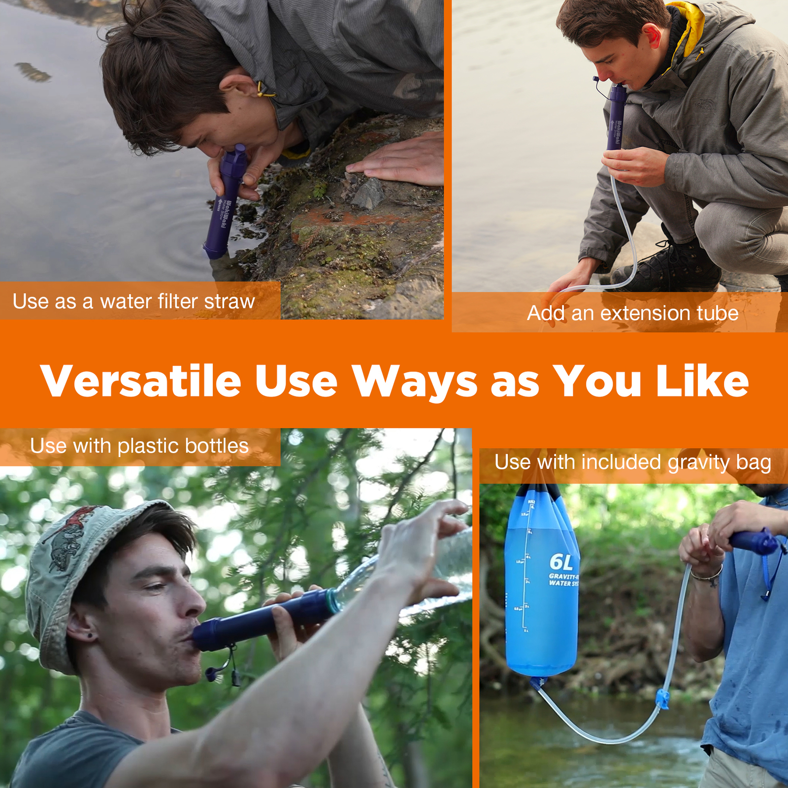 Water Filter Straw 3L/1Gal/6L/12L Gravity-Fed Water Bag for Backpacking Survival