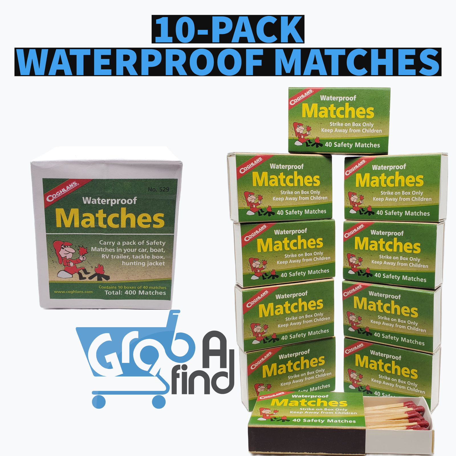 Coghlan's Waterproof Matches, #529, 10 Pack 40 Matches/box-(400 Matches Total)