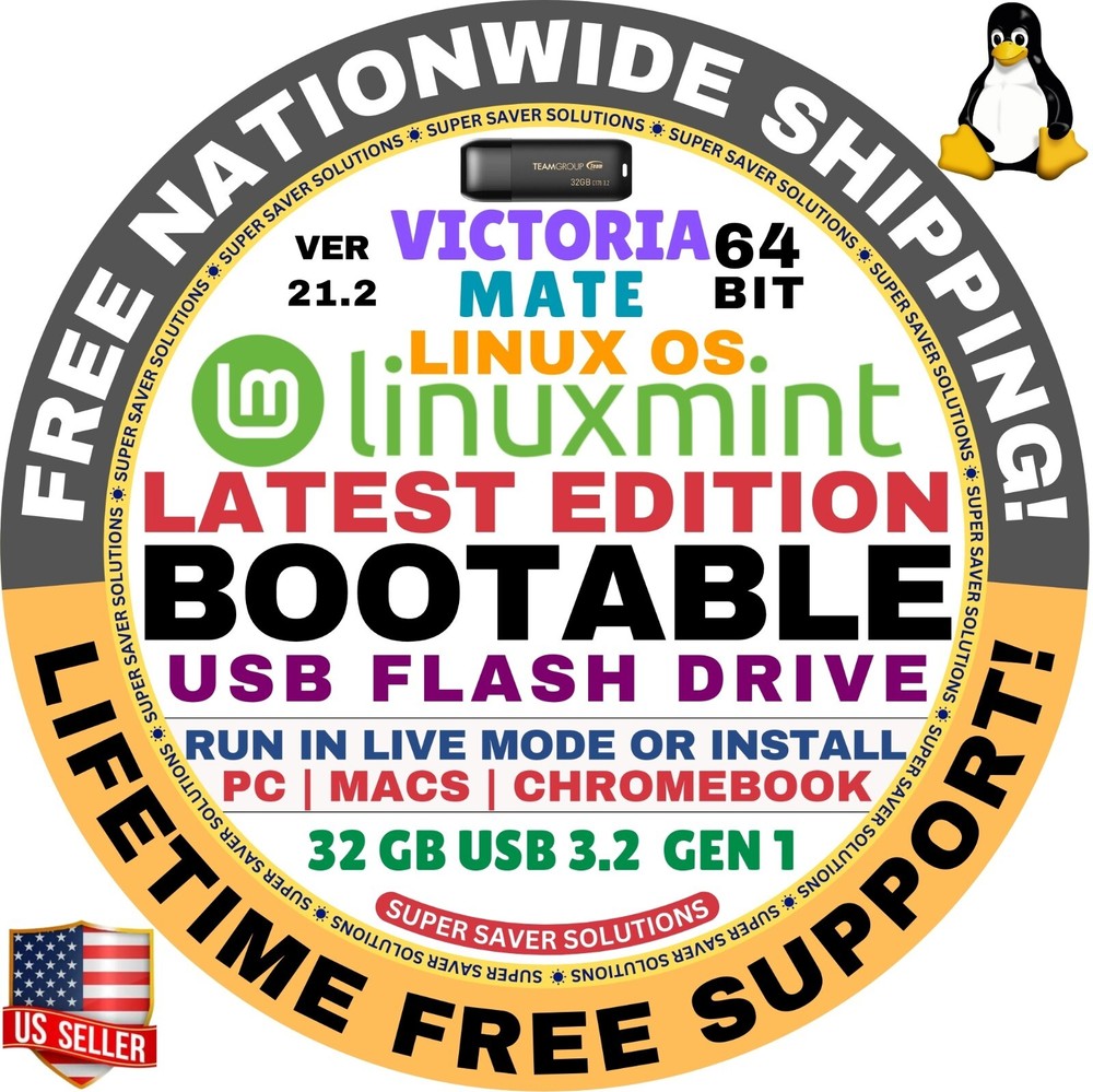 Linux MINT 21.2 USB VICTORIA Mate 64-Bit Live Boot, Full Install for MAC, PC