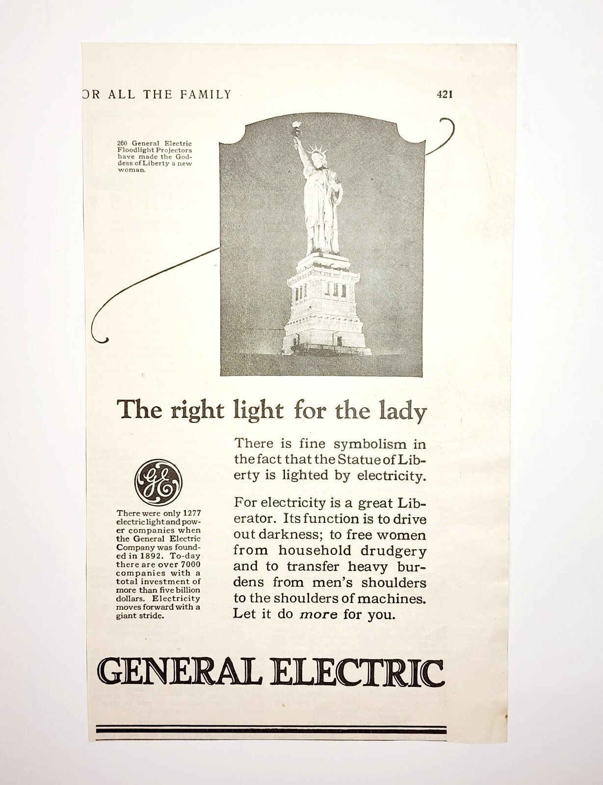 1923 General Electric Statue of Liberty Advertisement Ephemera 9 x 5.5"