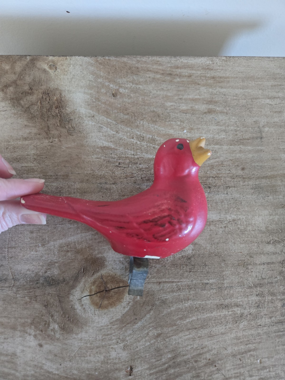 Roseville Ohio L&H Pottery Red Cardinal Bird Bath Clip On 1960s Vintage