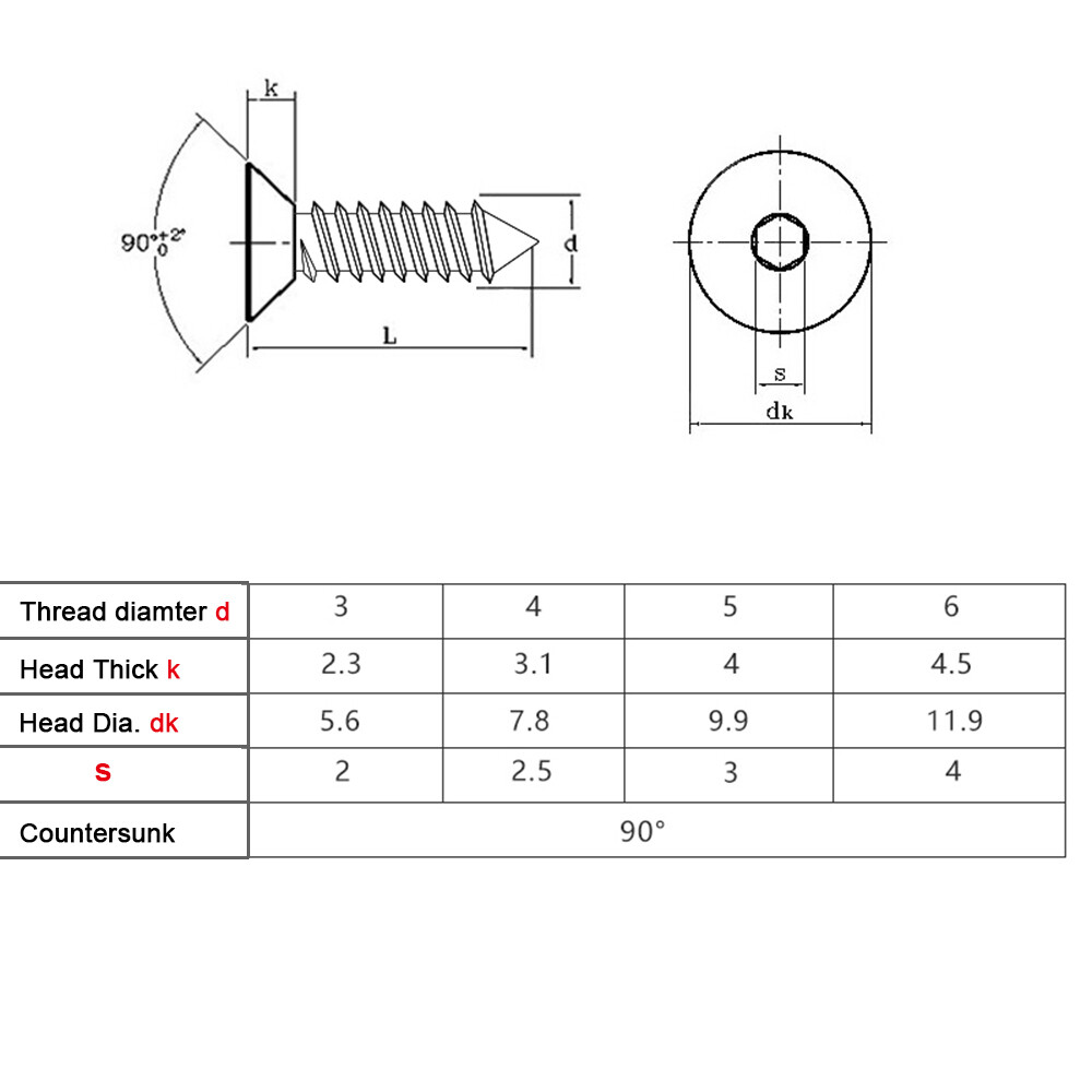 Hex Socket Countersunk Flat Head Self Tapping Screws 304 Stainless Steel M2-M6