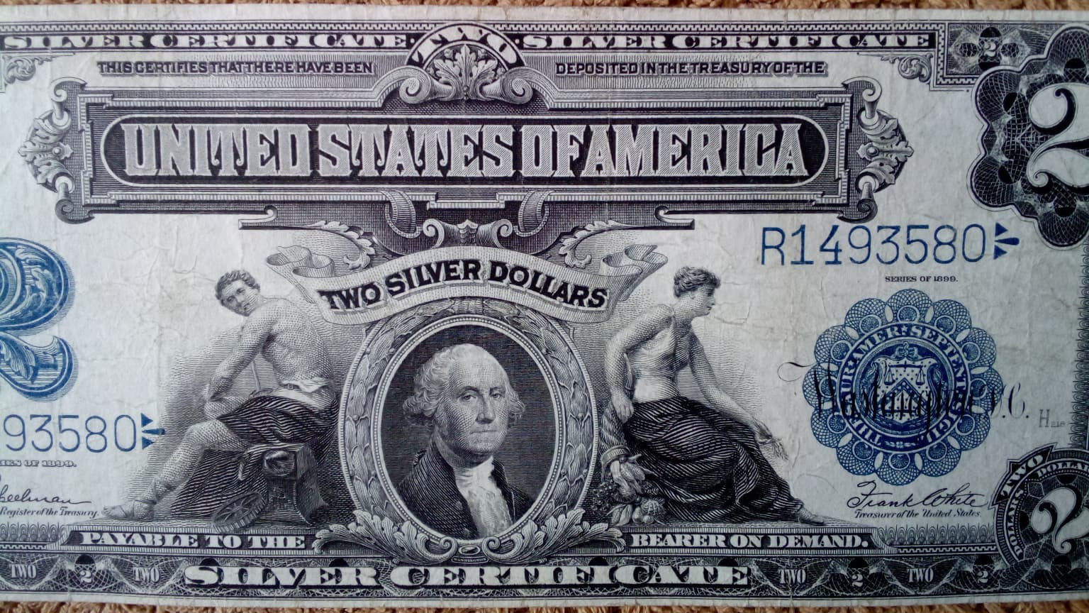 1899 $2 TWO DOLLAR SILVER CERTIFICATE BANKNOTE (NICKNAME OF MINI PORTHOLE), VF++