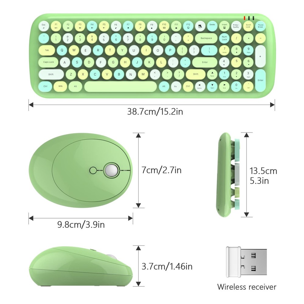 Wireless Keyboard Mouse Combo Ergonomic Full Size Typewriter Win PC Green