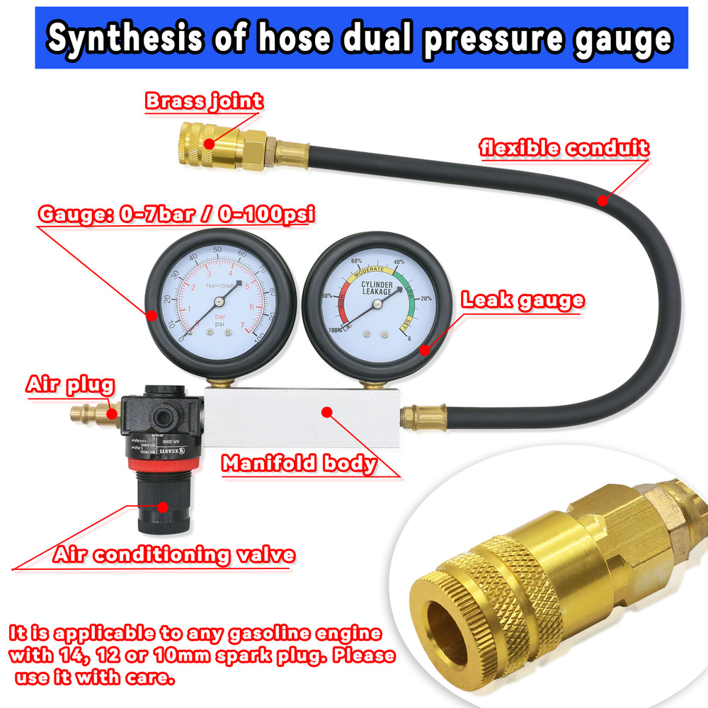 Cylinder Leak Down Tester Petrol Engine Compression Leakage Detector Tool Kit