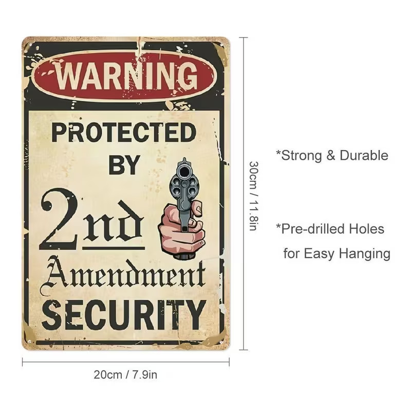 vintage look aluminum sign, "Second Amendment protected security" warning
