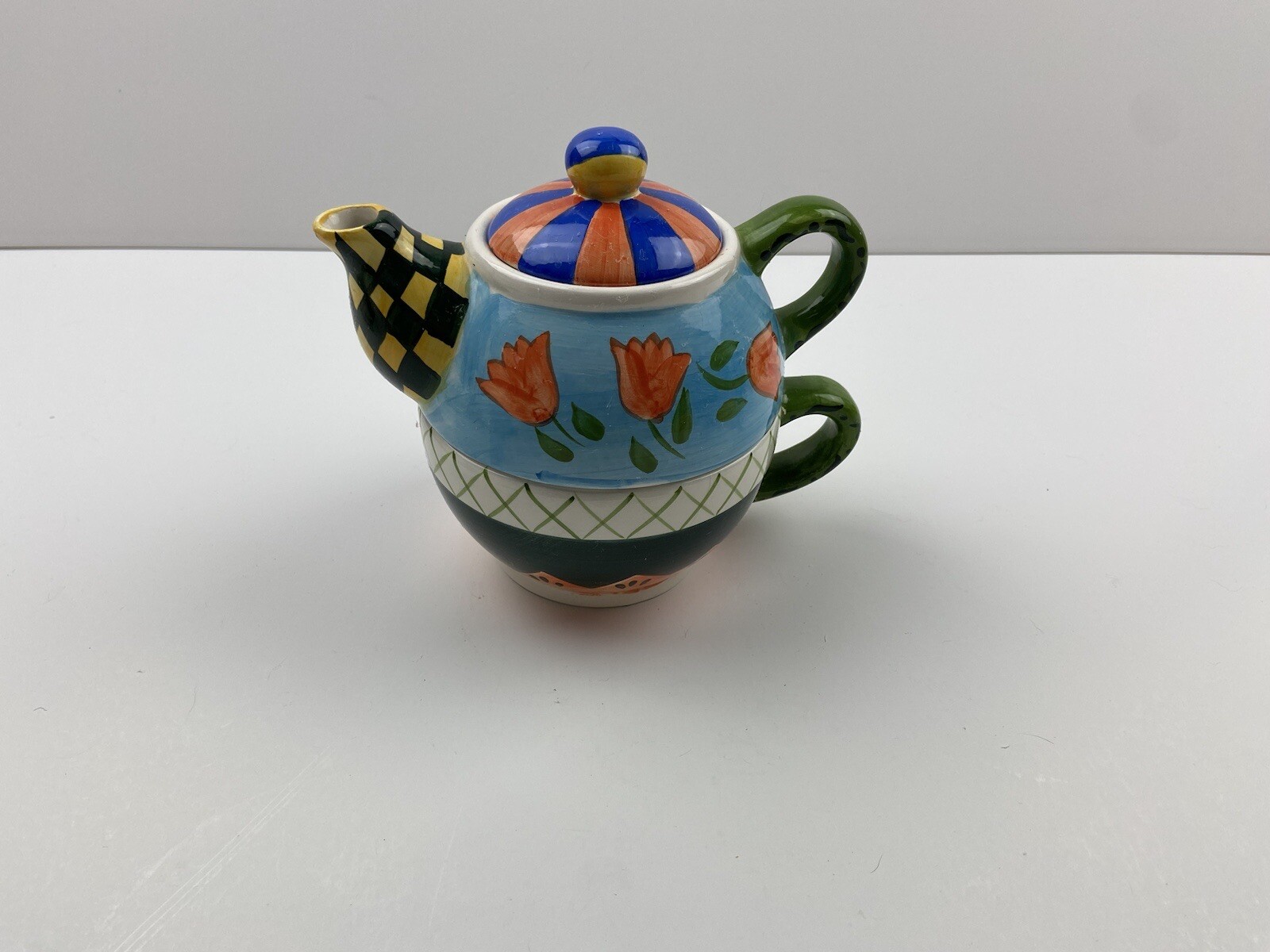 Whimsical Ceramic Teapot Tea for One Green & Yellow Check Spout & Orange Floral