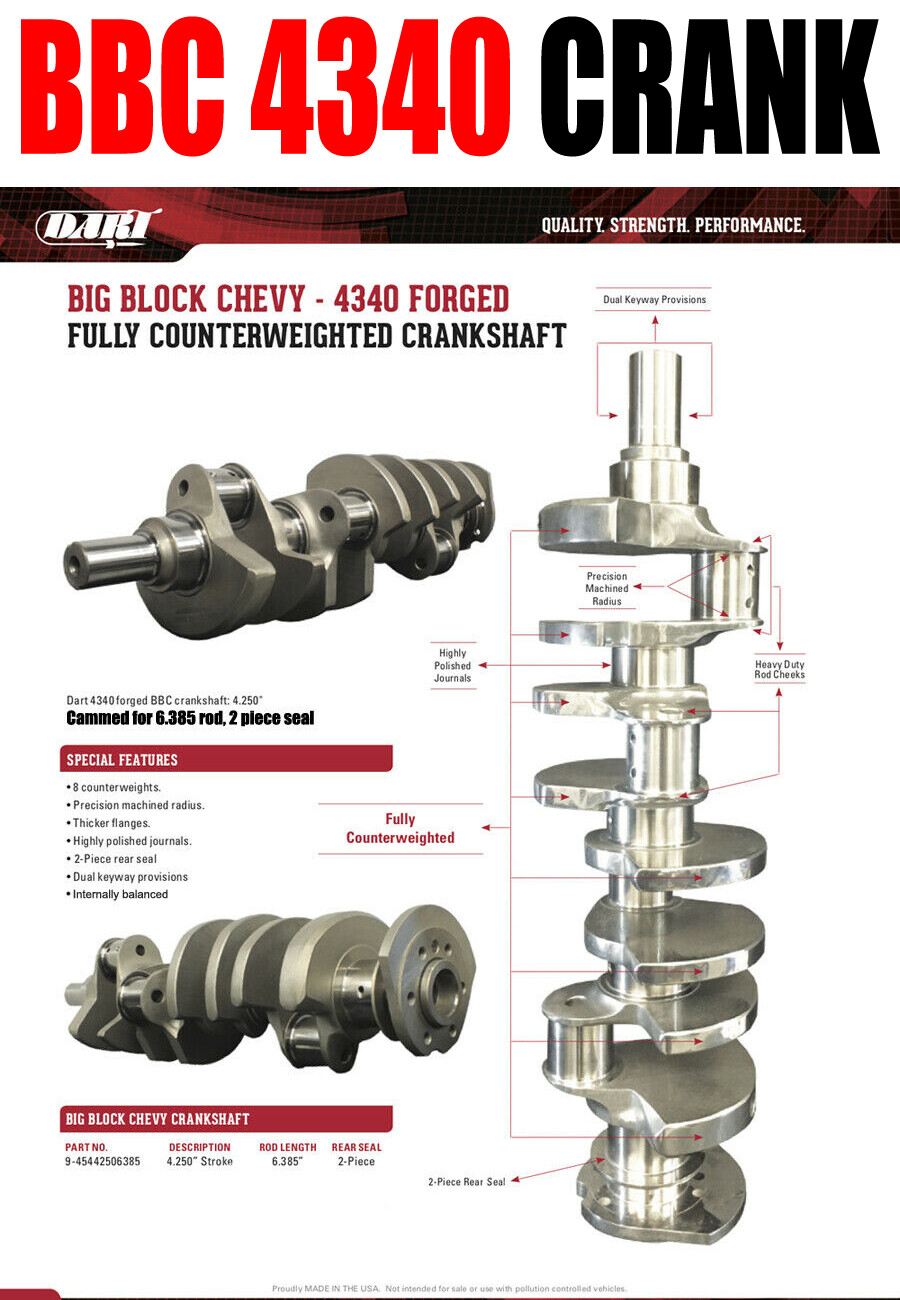 DART 9-45442506385 BBC 4340 CRANKSHAFT 4.250 STROKE 6.385 ROD 2 PIECE SEAL SAVE$