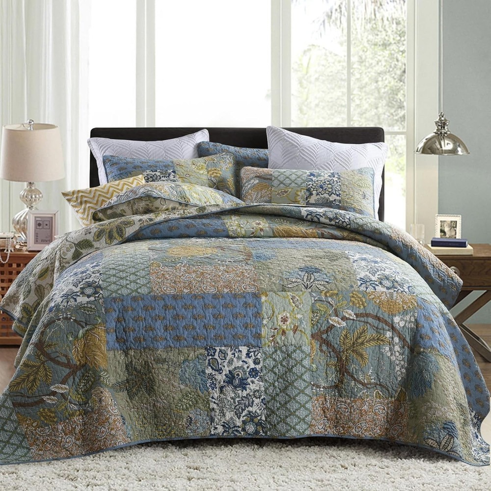 King Size Comforter Set Cotton Quilt Boho Patchwork Reversible Bedspread