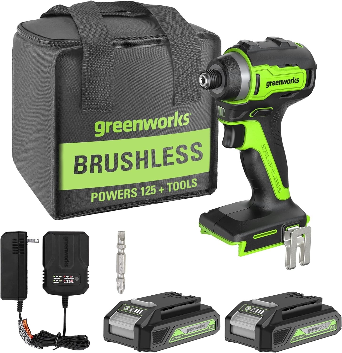 Greenworks 24V Brushless 1/4" Cordless Impact Driver, (2) 2.0Ah Batteries, Comp