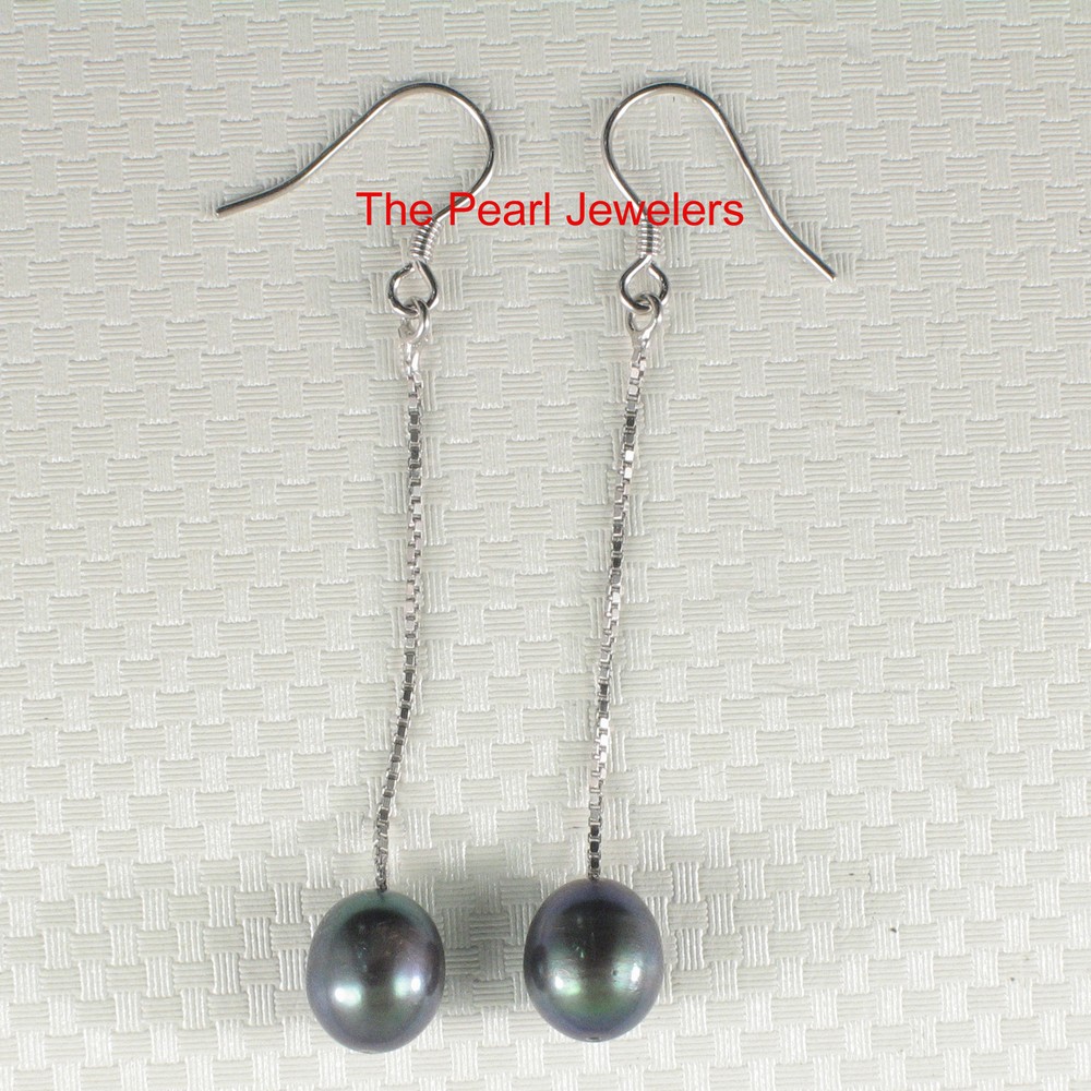 Solid Silver 925 Box Chain Hook Black Cultured Pearl Dangle Earrings-TPJ