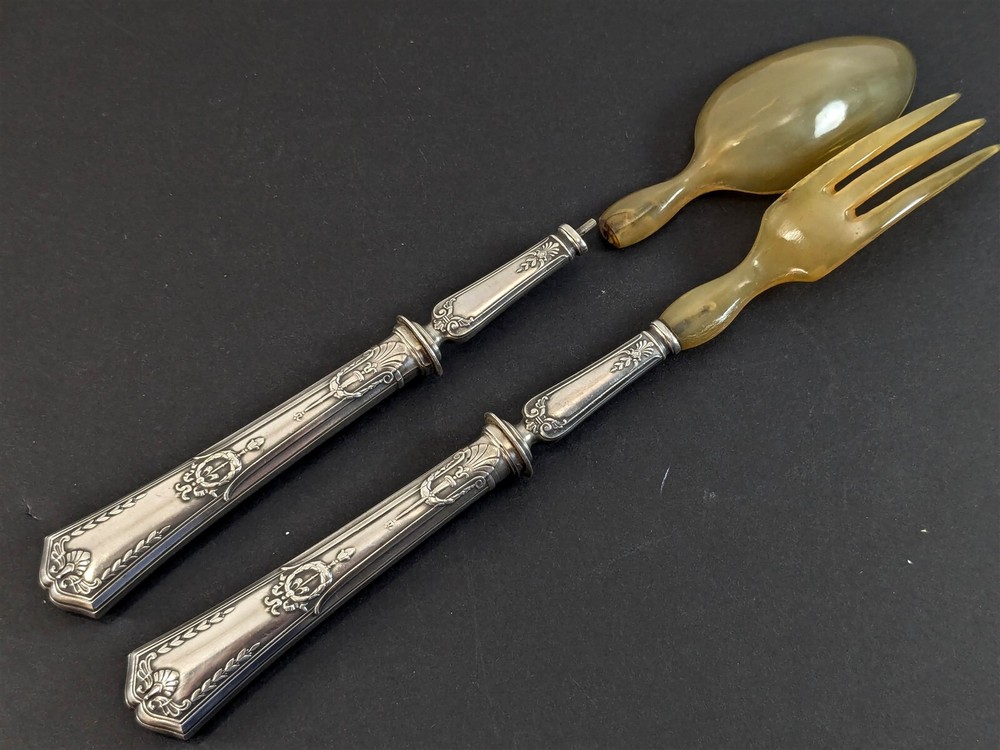 Rouyer V.Langrand EMPIRE Salad Serving Set Fork & Spoon Silverplate 1900 CHAMBLY