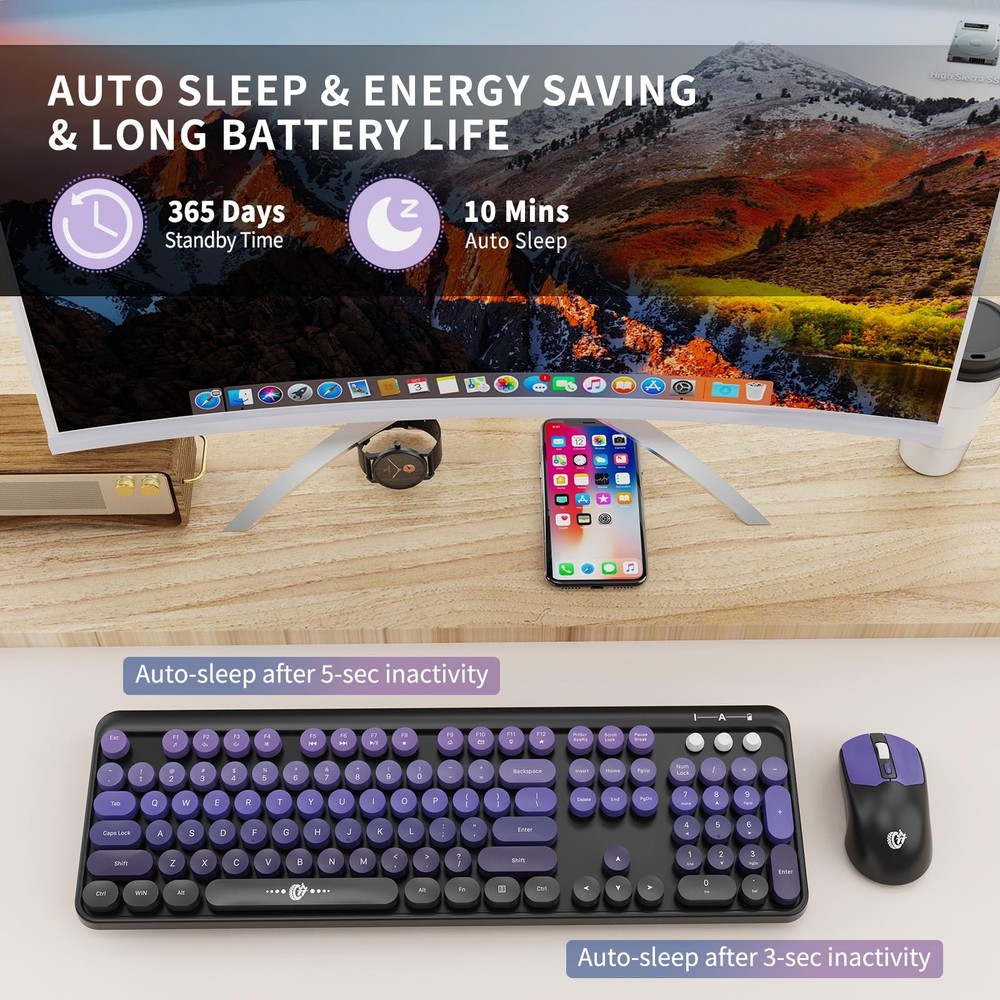 Wireless Keyboard and Mouse Combo - 2.4G Full-Sized Cute Colorful Mouse and K...