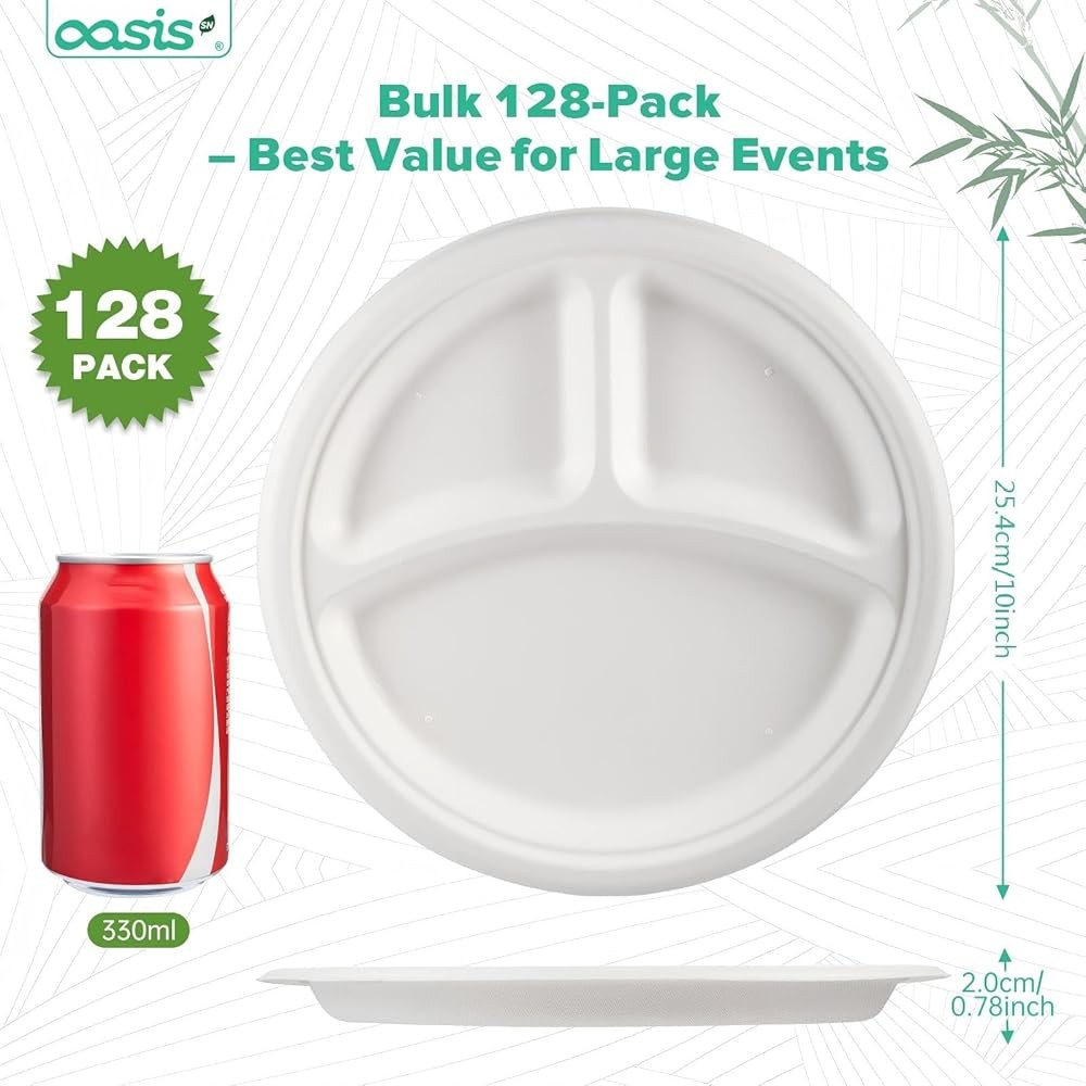𝟭𝟬 𝗶𝗻𝗰𝗵, 𝟭𝟮𝟴-𝗣𝗮𝗰𝗸 3-partment Disposable Paper Plates,