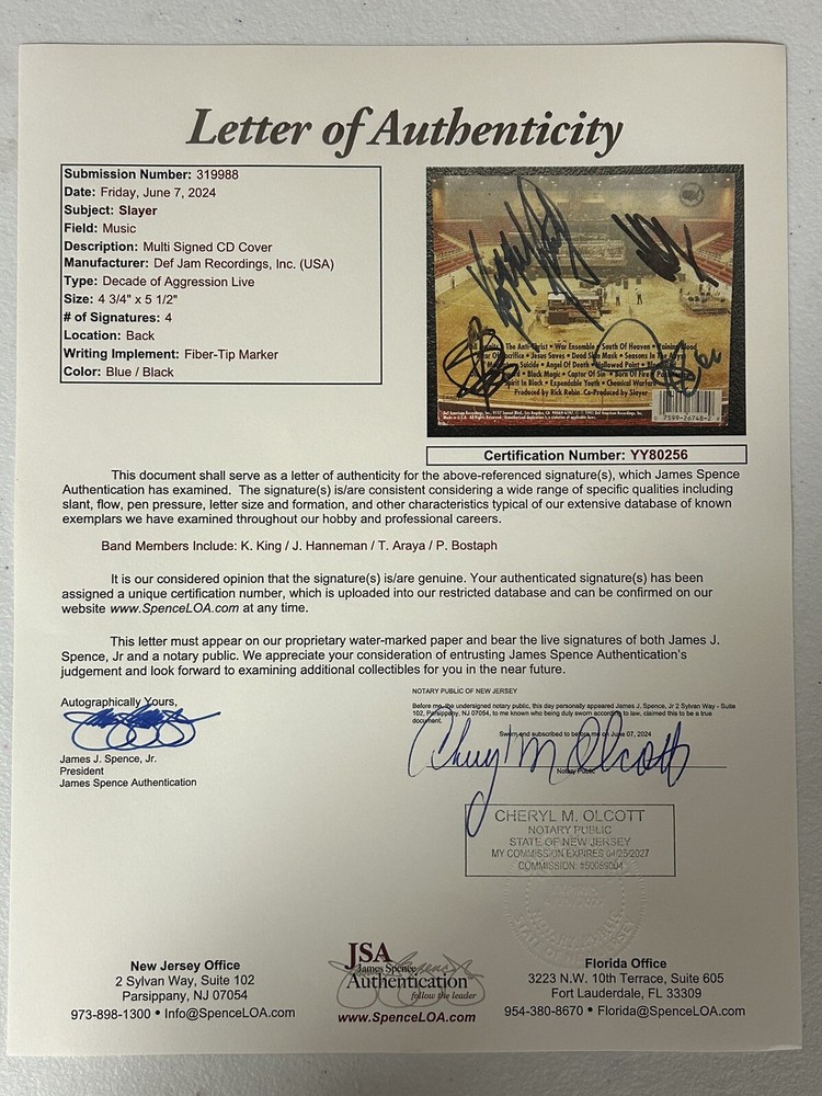 SLAYER AUTOGRAPHED SIGNED FRAMED AGGRESSION CD COVER WITH JSA COA # YY80256