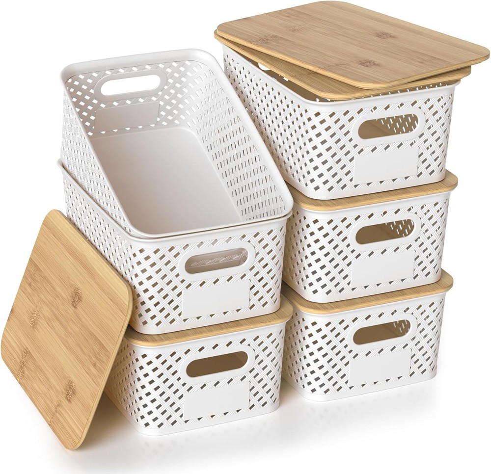 6 Pack Plastic Storage Bins W/ Bamboo Lids Stackable Small Box Baskets Container