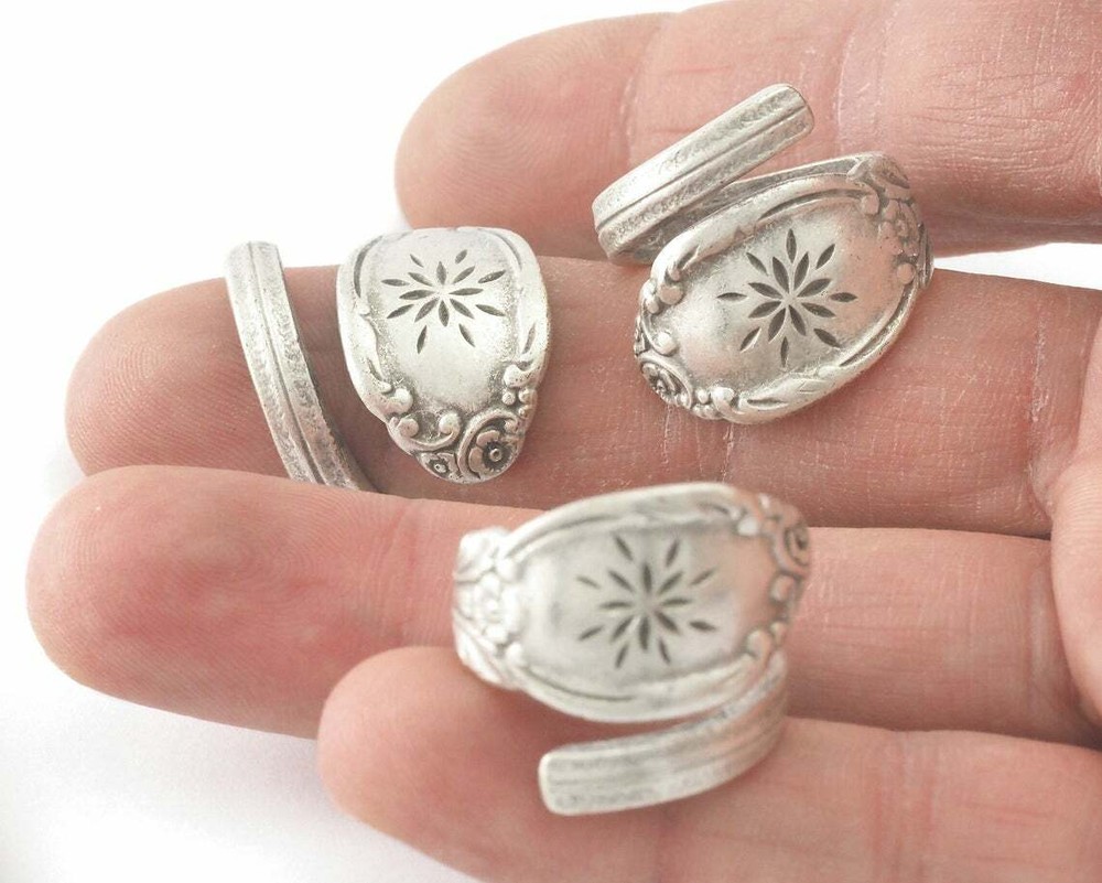 Spoon Wrap Ring Flower Patterned Antique silver plated Brass 7US Adjustable 4064