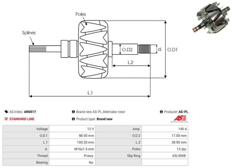 FOR CAR STARTER AR0017 ROTOR, ALTERNATOR