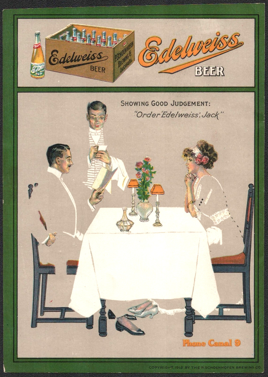 1912 EDELWEISS BEER antique color advertisement by P. SCHOENHOFEN BREWING CO.