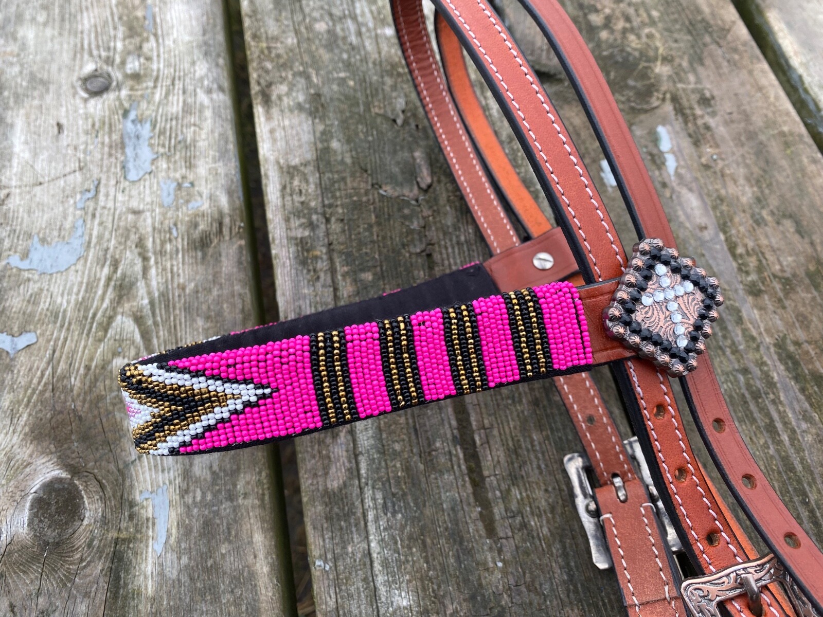 Western brow band headstall w/beaded overlay, copper conchos various colors