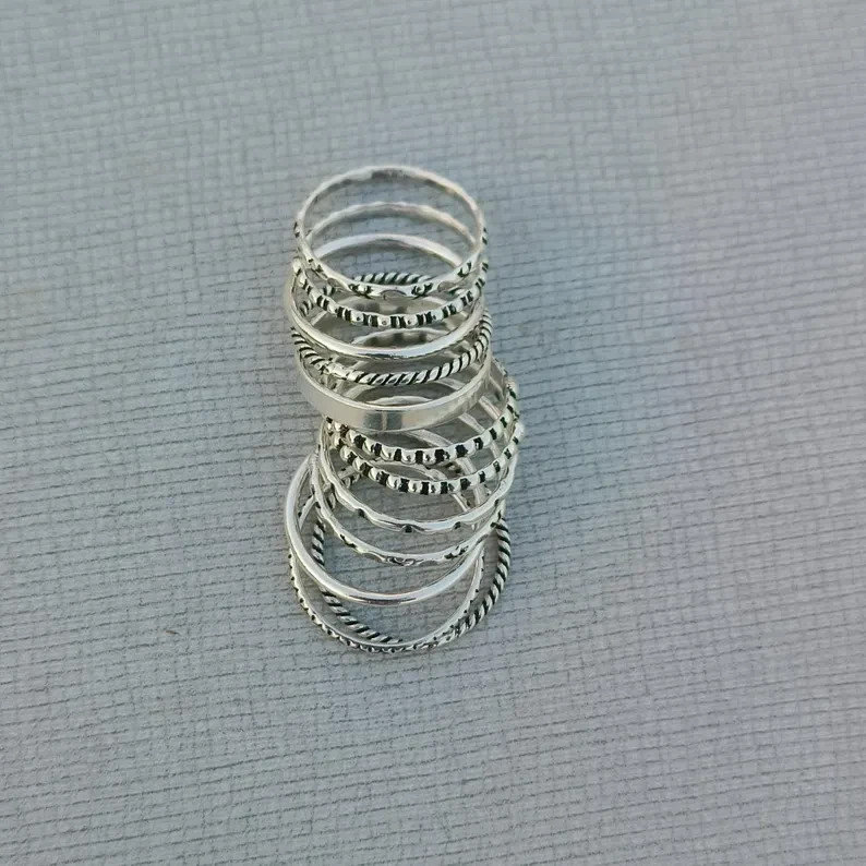 Sterling Silver Stacking Rings Set: Boho Minimalist 925 Silver All Size