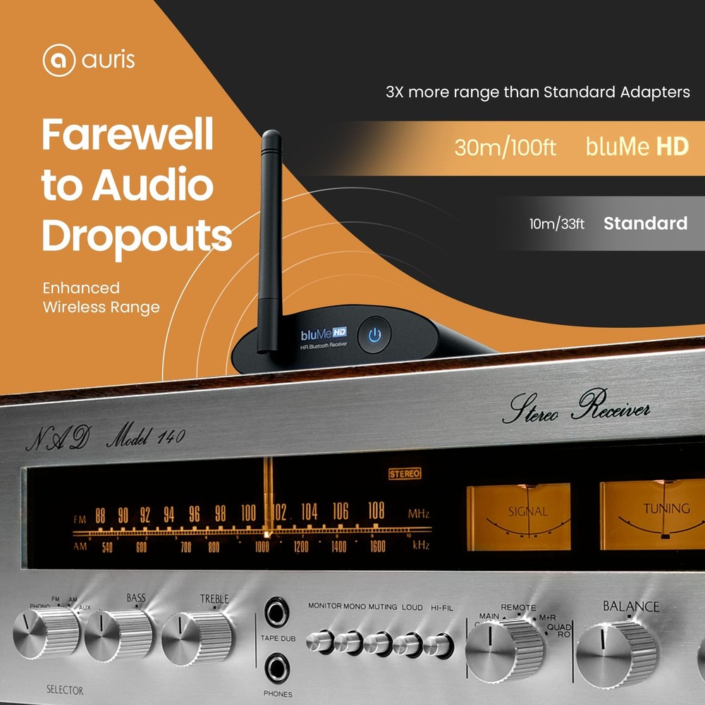 Blume HD Long Range Bluetooth 5.3 Music Receiver Hi-Fi Audio Adapter with Aud...