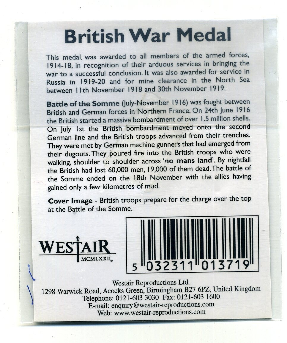 Westair British Miniature Reproduction Replica BRITISH WAR MEDAL World War I WWI