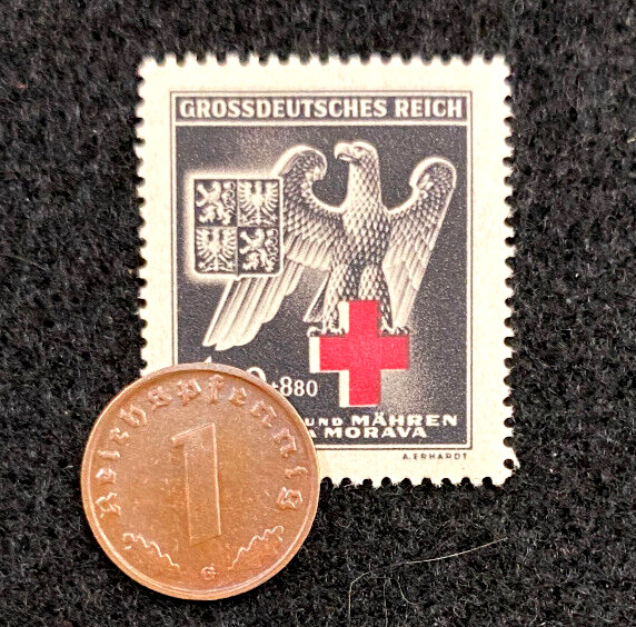 WWII Germany 1 Reichspfennig Bronze Coin (1936-1940) & Black Eagle Stamp