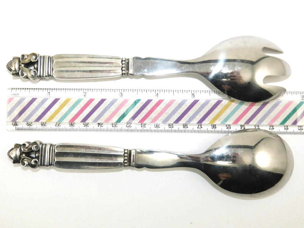 Georg Jensen 925 Sterling Silver Acorn Pattern Spoon & Fork Serving Set